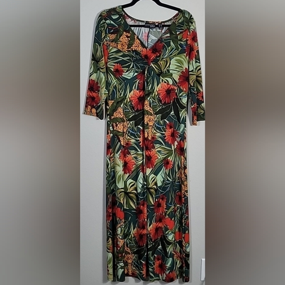 Attitudes Renee Floral Cheetah Maxi Dress Size M Stretch VNeck Jungle Tropical - Picture 1 of 14